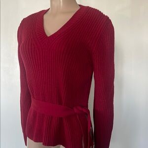 K- DABA. Red V-Neck Ribbed Knit Sweater with Waist Tie